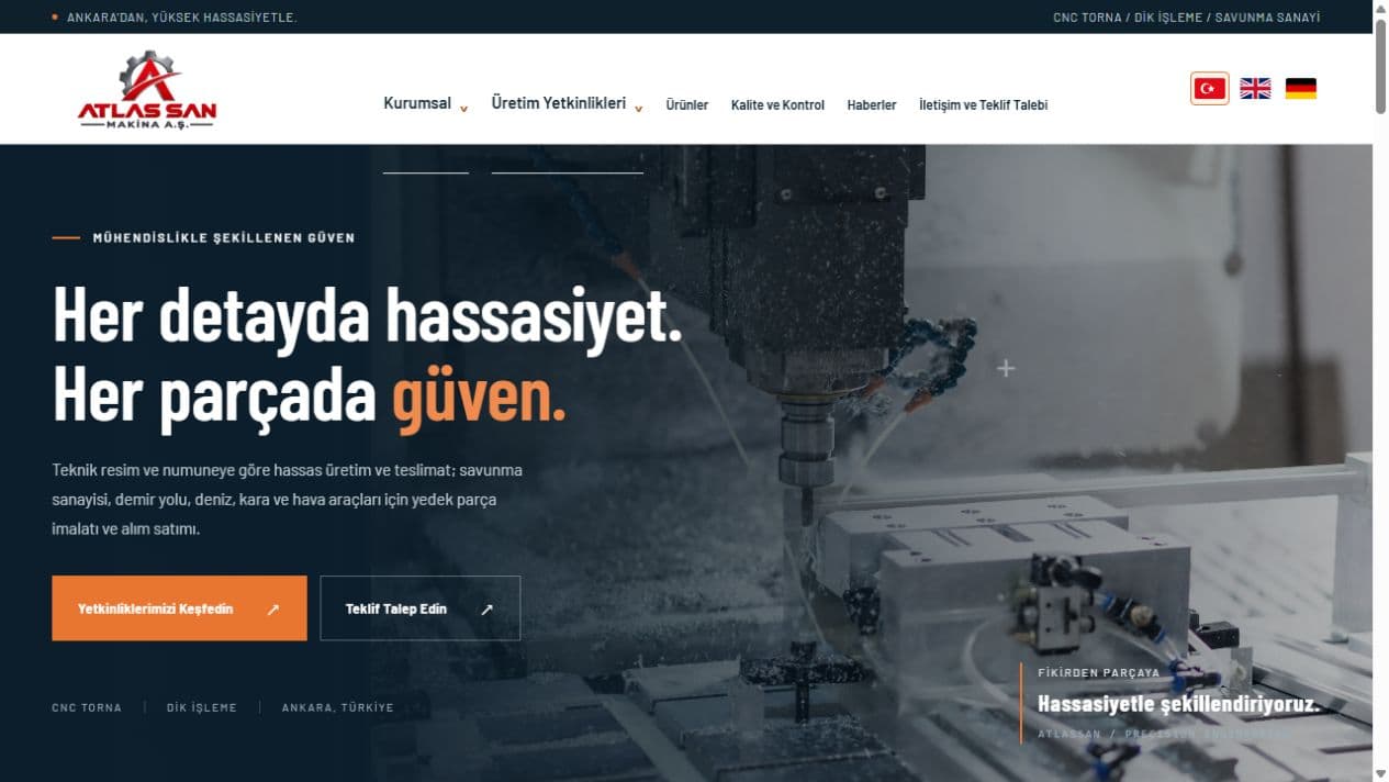 Atlassan Makina web sitesi görünümü